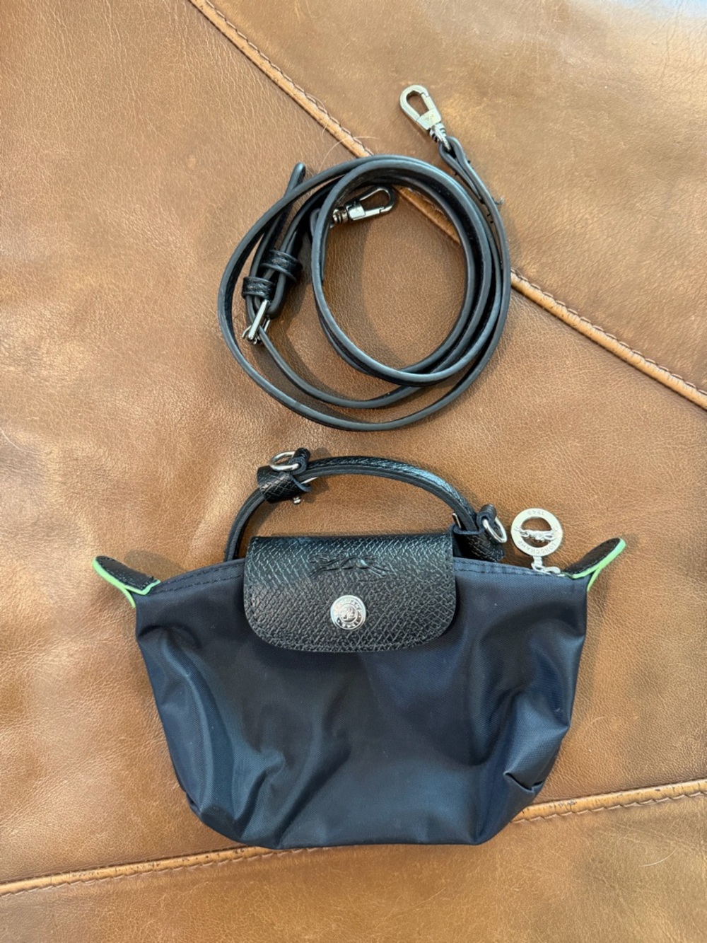 Longchamp Black Nylon Mini Tote with Lime Edge
